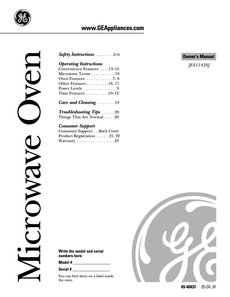 Page 1 of the manual User Manual GE JES1142SJ