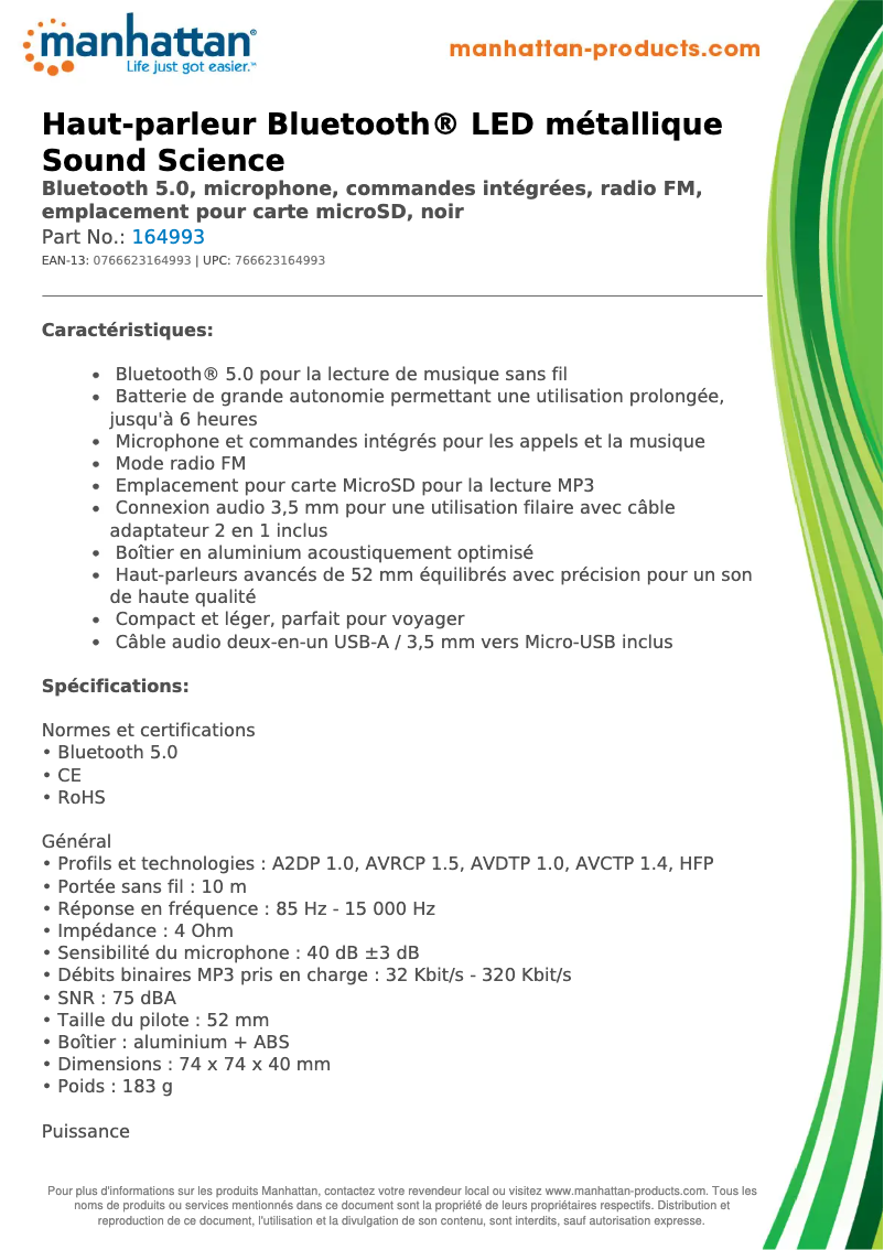 Page 1 de la notice Fiche technique Manhattan 164993