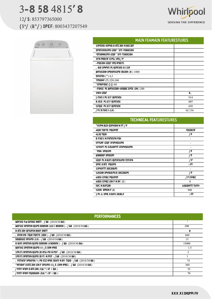 Page 1 de la notice Fiche technique Whirlpool 3LWTW4815FW