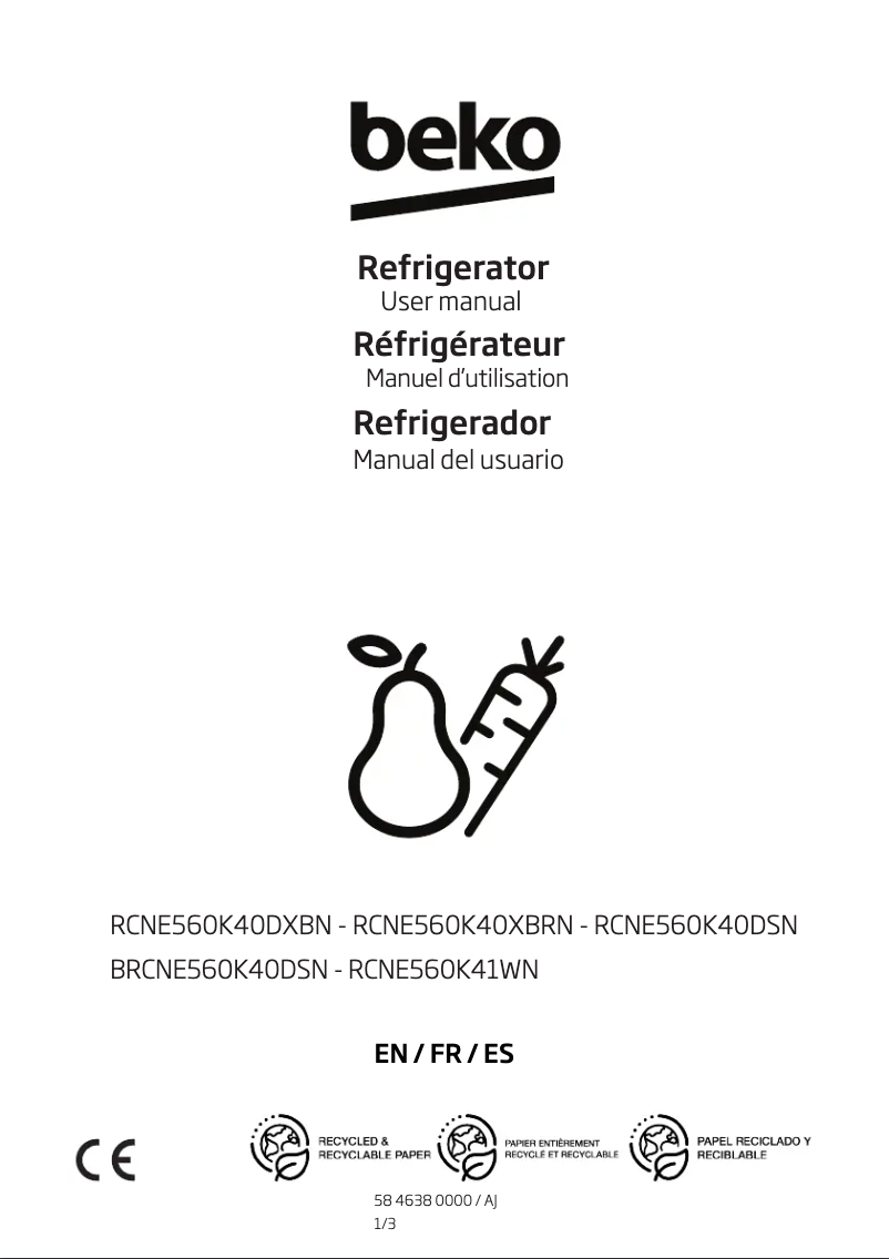 Page 1 de la notice Manuel utilisateur Beko RCNE560K40DSN