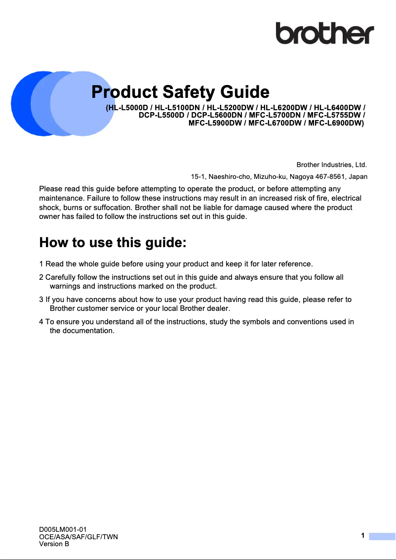 Page 1 de la notice Instructions de sécurité Brother MFC-L5900DW