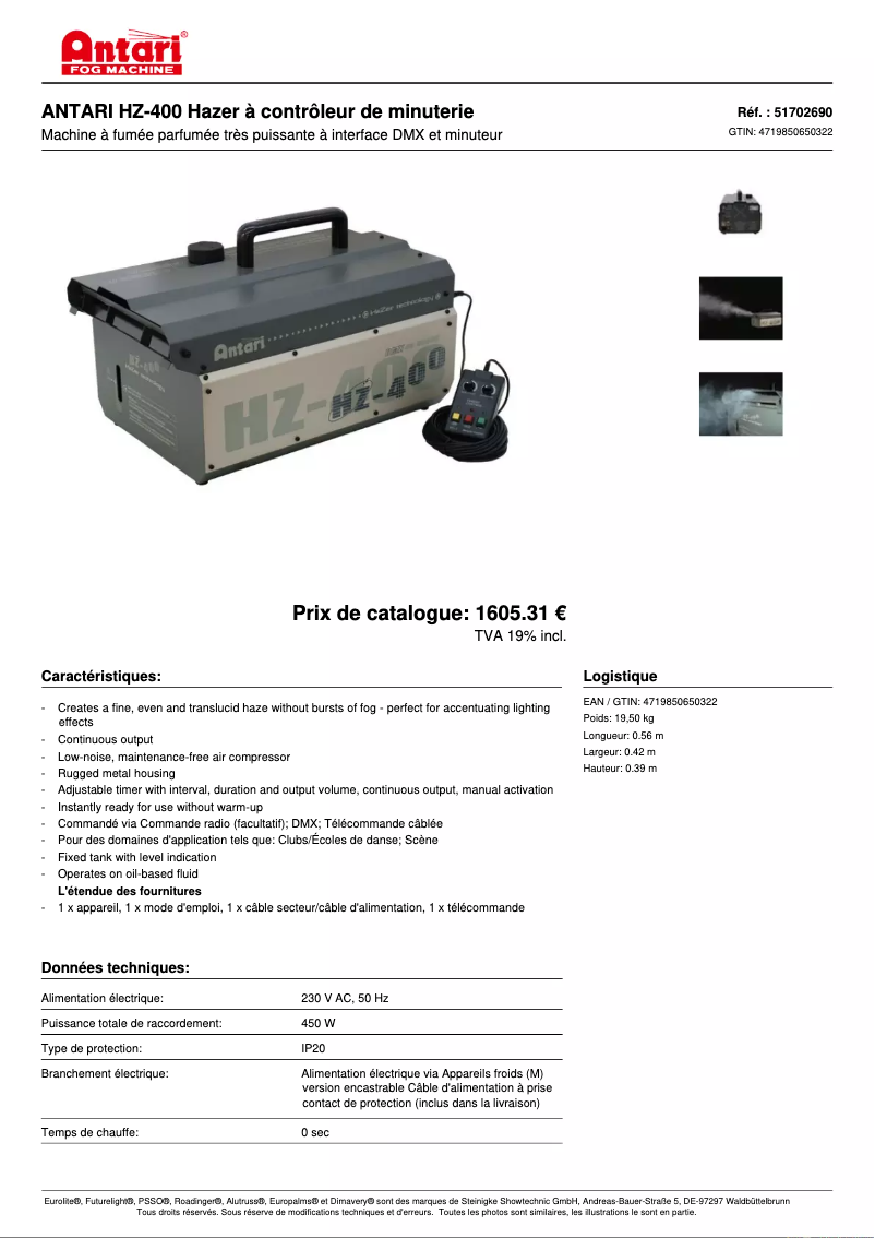 Page 1 de la notice Fiche technique Antari HZ-400