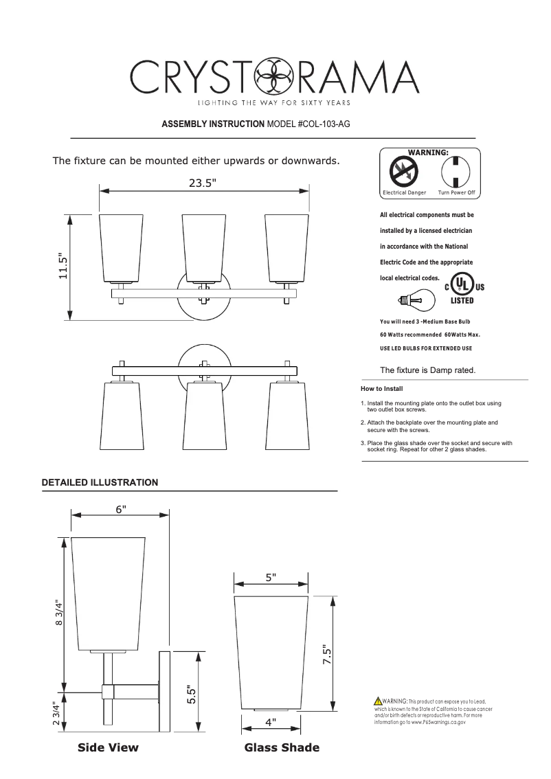 Page 1 de la notice Manuel utilisateur Crystorama Colton COL-103-AG
