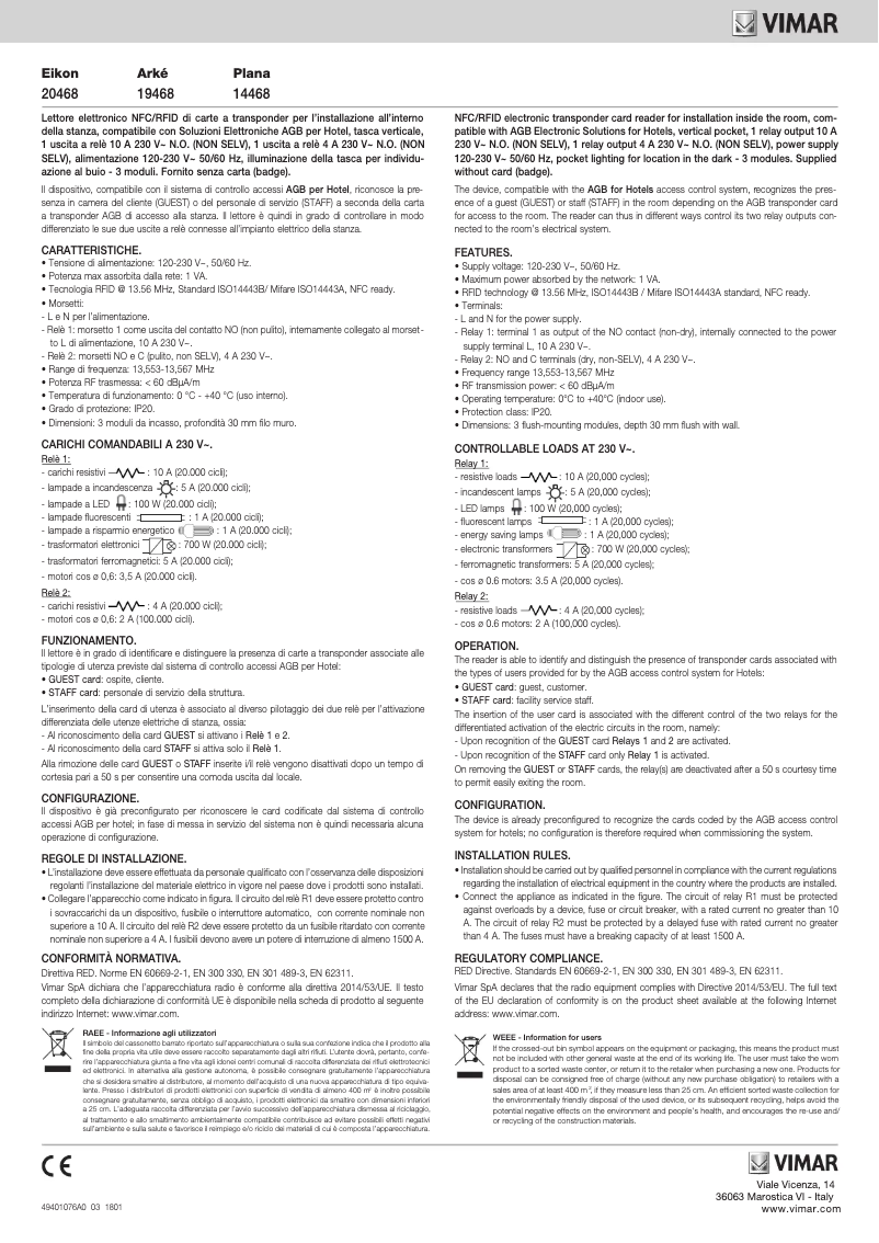 Page 1 de la notice Manuel utilisateur Vimar 14468