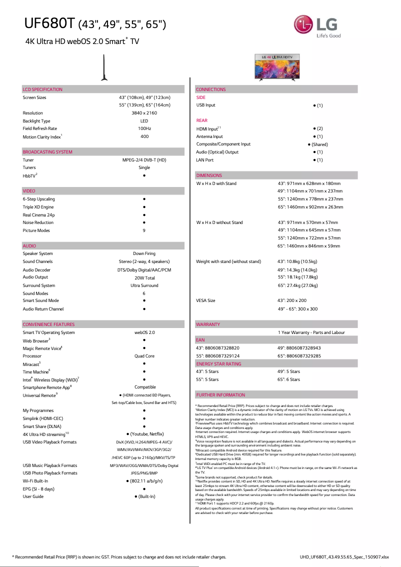Page 1 de la notice Fiche technique LG 65UF680T