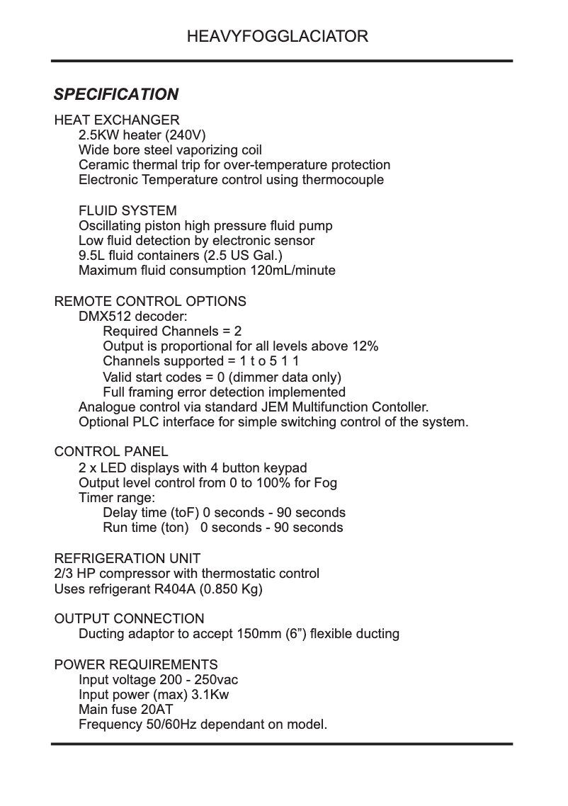 Page 1 de la notice Fiche technique Martin Jem Heavy Fog Glaciator