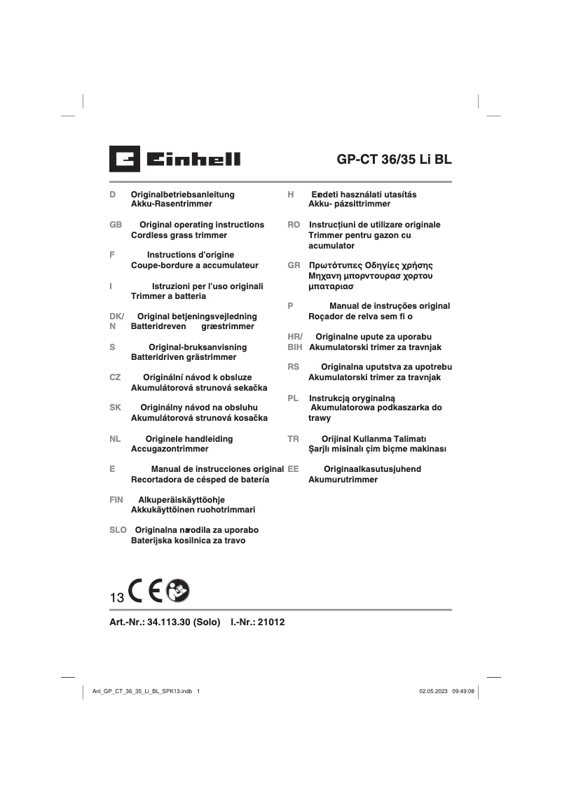 Page 1 de la notice Manuel utilisateur Einhell GP-CT 36/35 Li BL