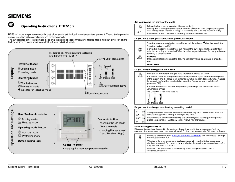 Page 1 de la notice Manuel utilisateur Siemens RDF510.2
