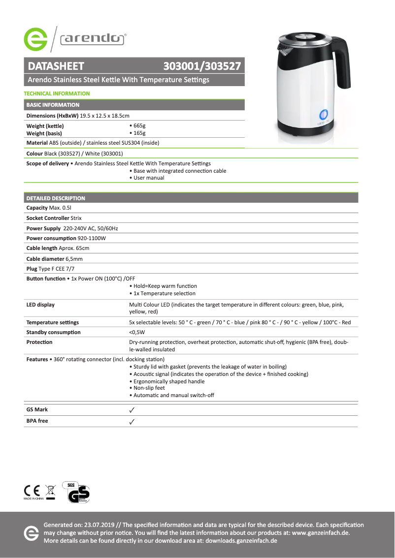 Page 1 de la notice Fiche technique Arendo 303527