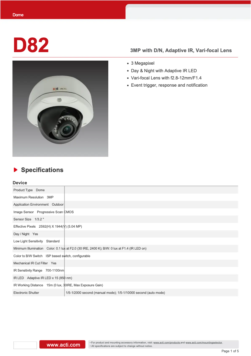 Page 1 de la notice Fiche technique ACTi D82