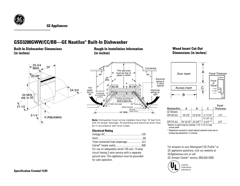 Page n°1 - Fiche technique GE GSD3200GWW