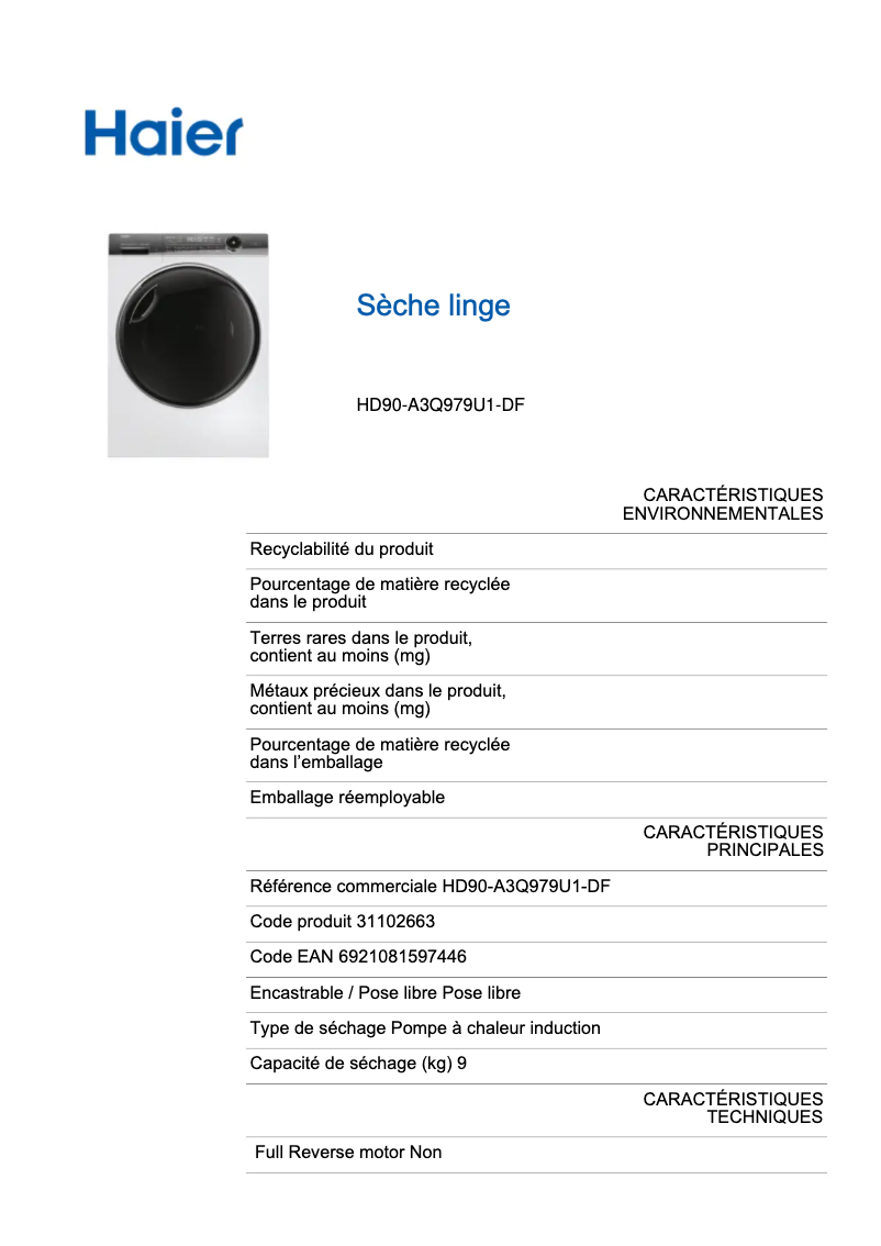 Página 1 del manual Etiqueta energética Haier HD90-A3Q979U1