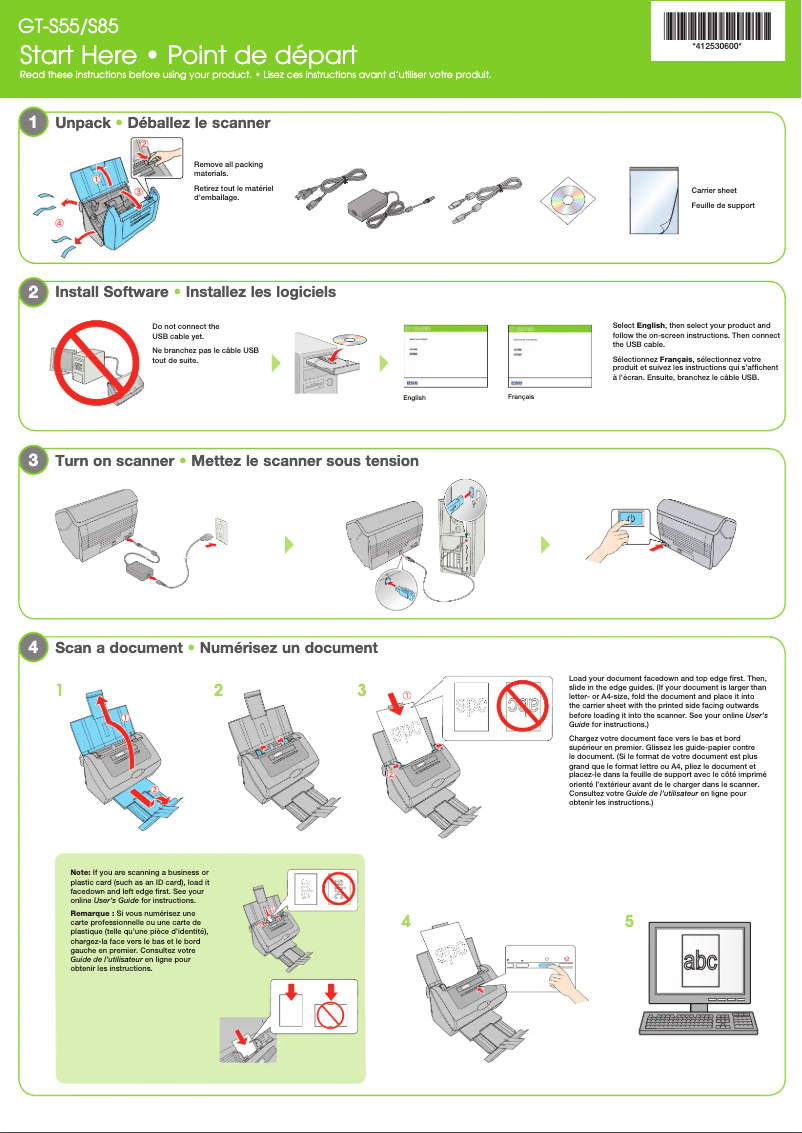 Page 1 de la notice Guide d'installation Epson WorkForce Pro GT-S55