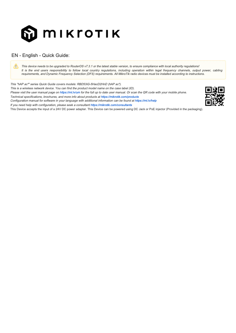 Page 1 de la notice Manuel utilisateur Mikrotik hAP ac³