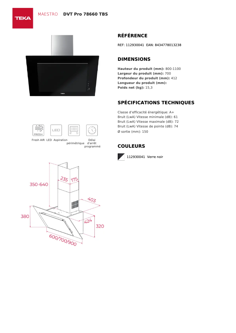 Page 1 de la notice Fiche technique Teka DVT 685