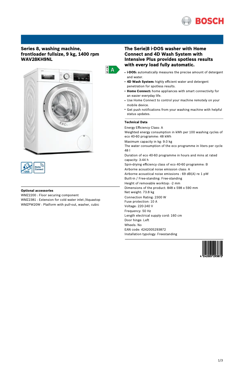 Page 1 de la notice Fiche technique Bosch WAV28KH9NL