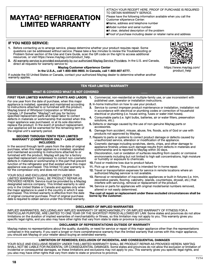 Page 1 de la notice Informations de garantie Maytag MRT118FFFBK