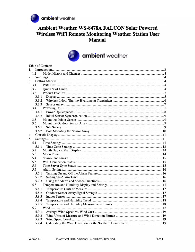 Page 1 de la notice Manuel utilisateur Ambient Weather WS-8478A