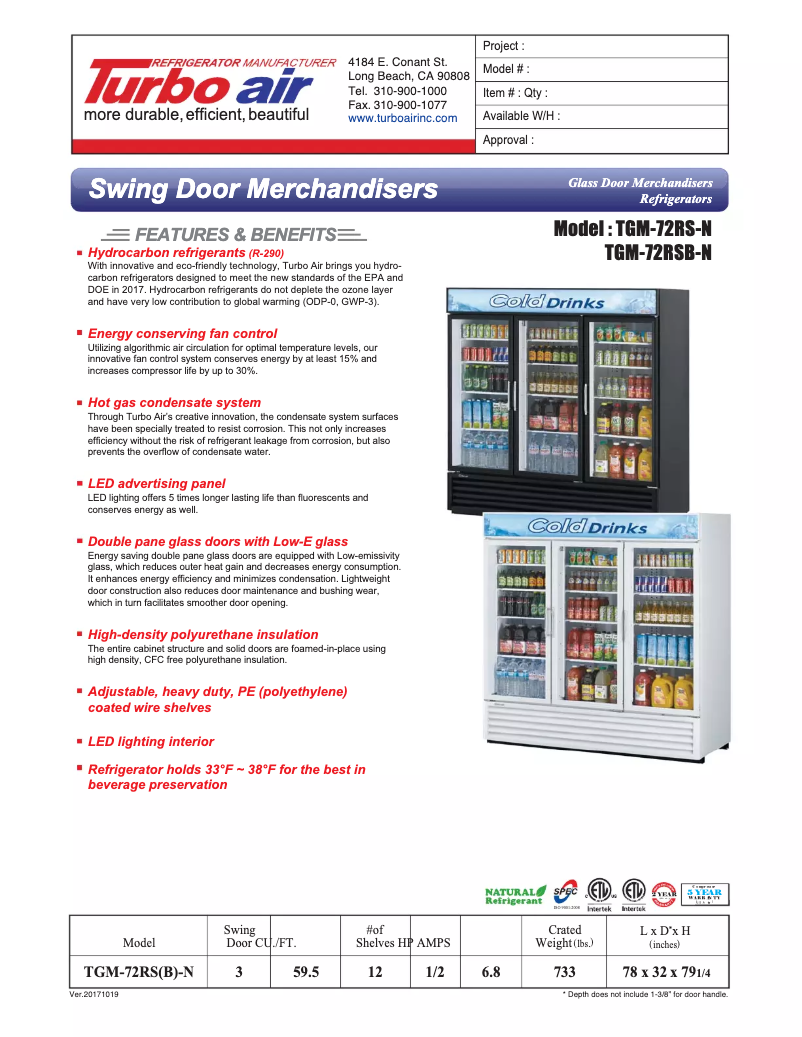 Página 1 del manual Ficha técnica Turbo air TGM-72RS