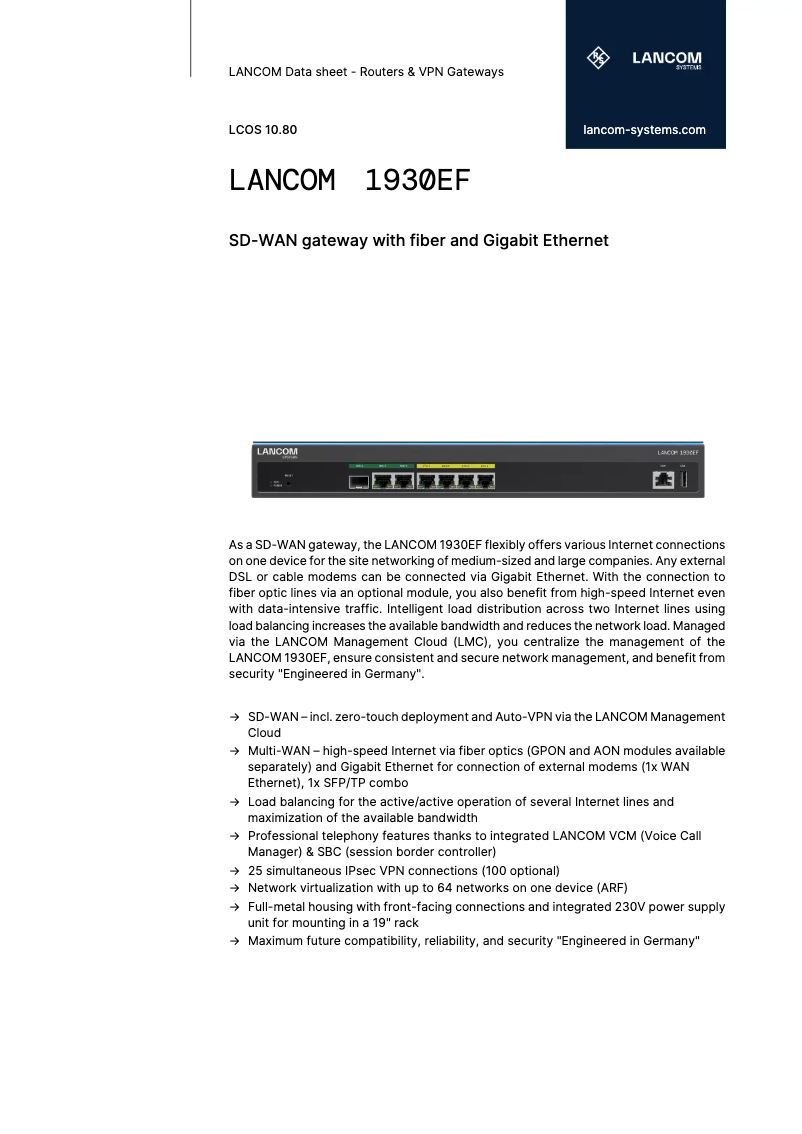 Page 1 de la notice Fiche technique Lancom 1930EF
