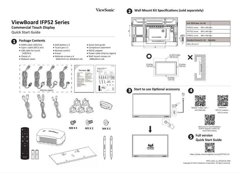 Page 1 de la notice Guide de démarrage rapide Viewsonic IFP6552-1A