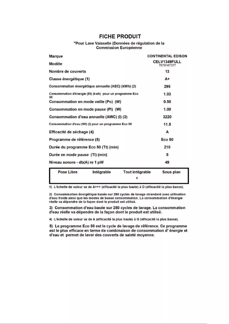 Page 1 de la notice Label énergétique Continental Edison CELV1349FULL