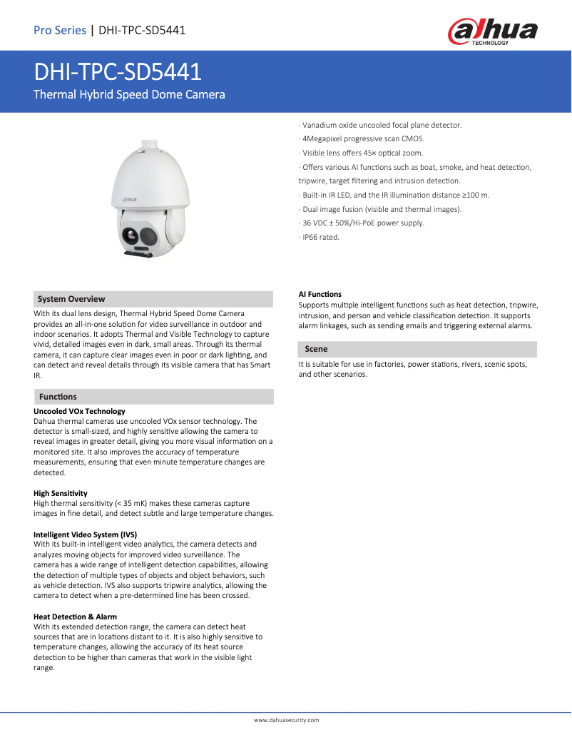 Page 1 de la notice Fiche technique Dahua Technology TPC-SD5441