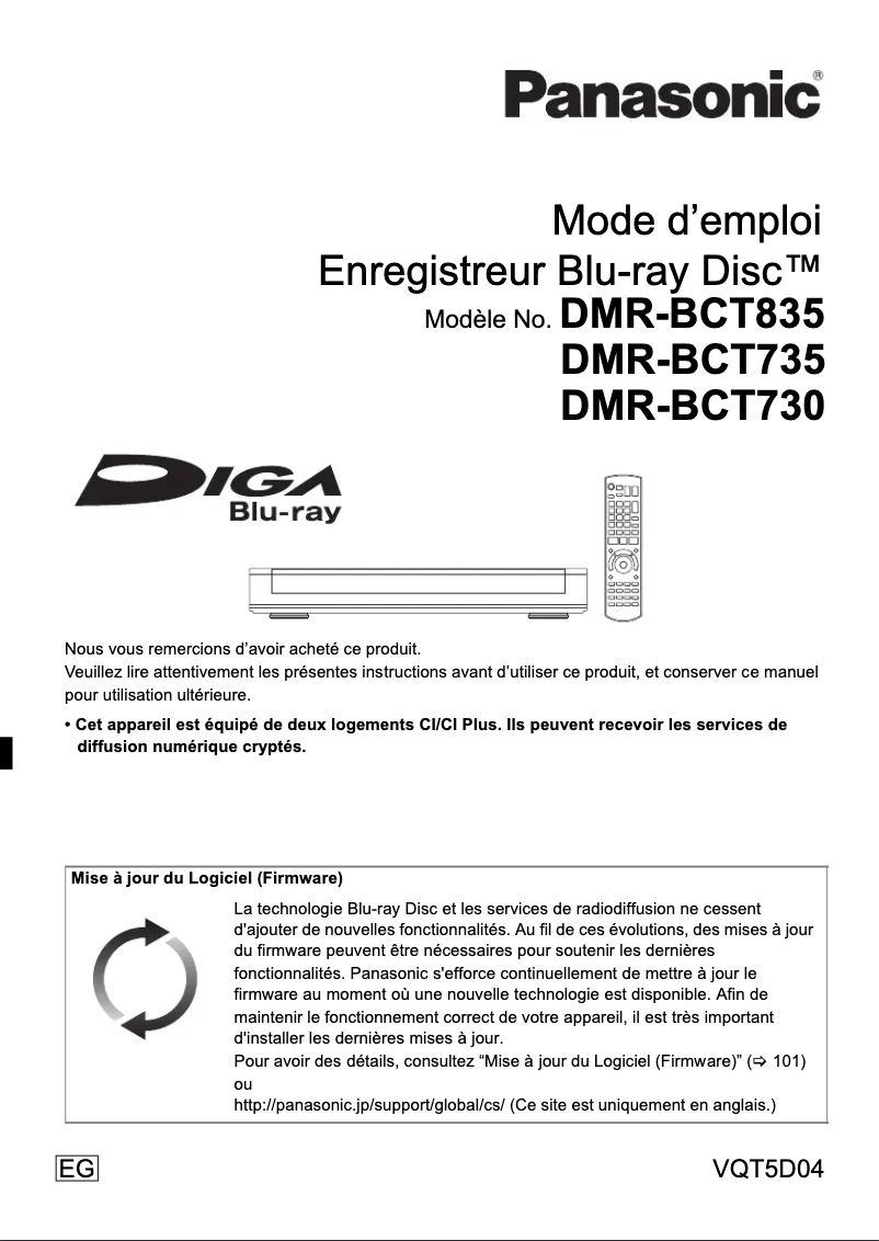 Page 1 de la notice Manuel utilisateur Panasonic DMRBCT730