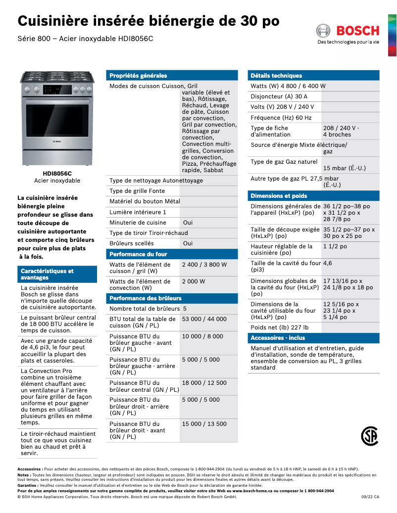Page 1 of the manual Technical Sheet Bosch HDI8056C