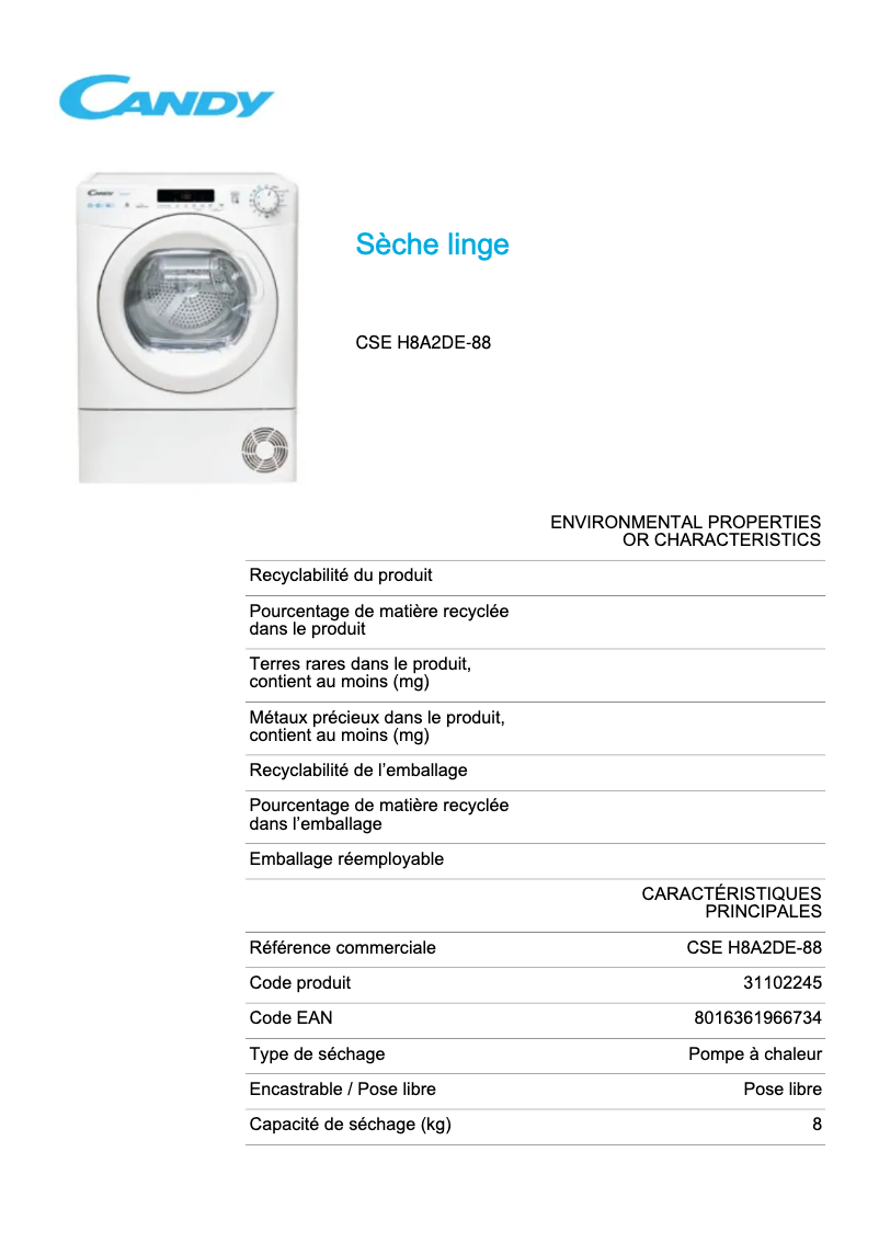 Page 1 of the manual Technical Sheet Candy Smart CSE H8A2DE-88