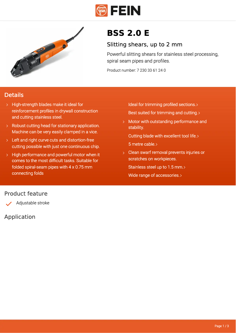 Page 1 de la notice Fiche technique Fein BSS 2.0 E