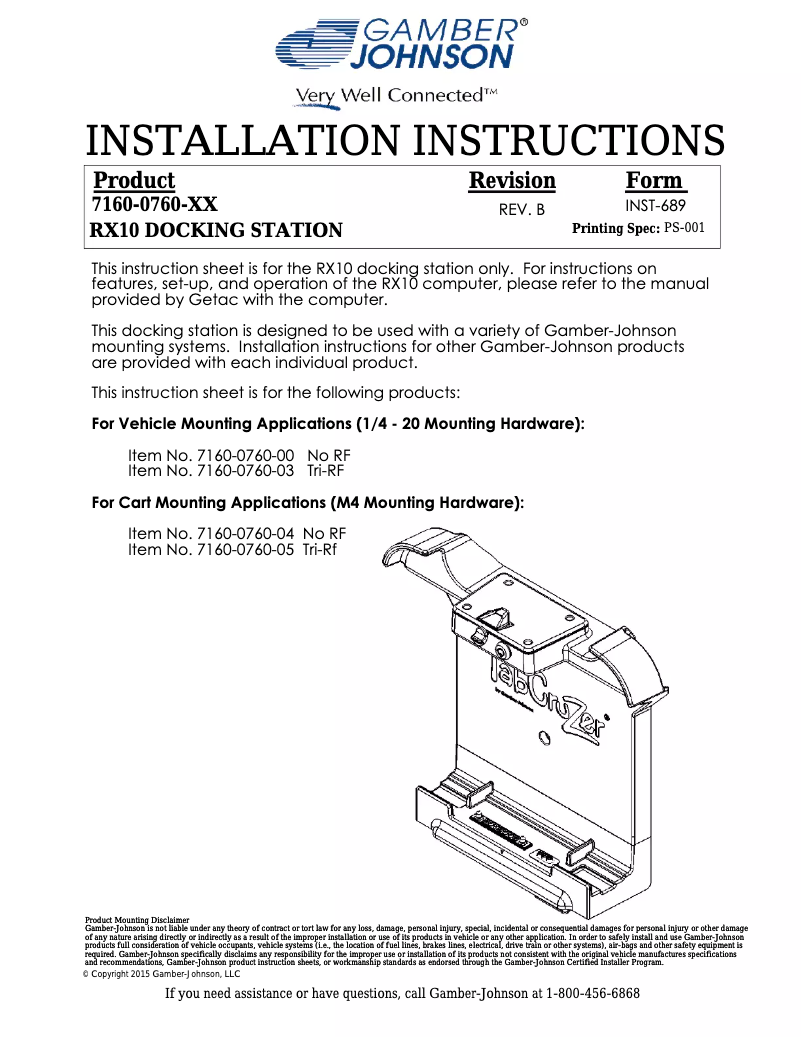 Page 1 de la notice Manuel utilisateur Gamber-Johnson 7160-0760