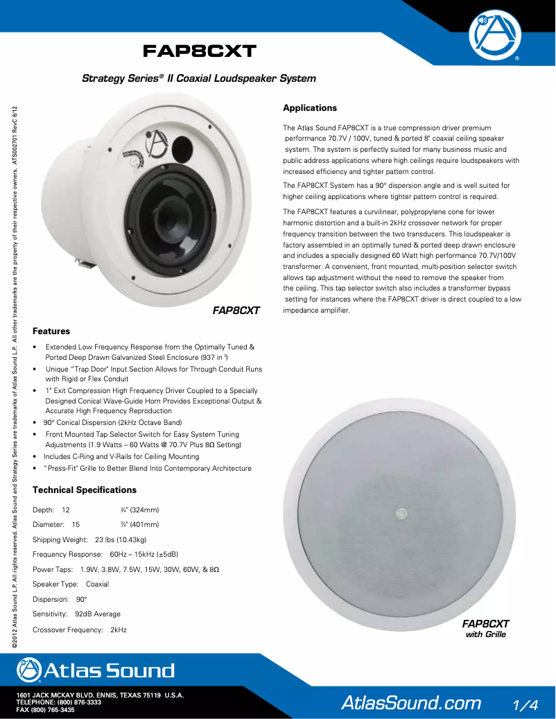 Page 1 de la notice Brochure Atlas Sound FAP8CXT