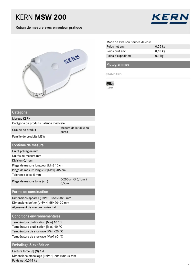 Page 1 de la notice Fiche technique Kern MSW 200