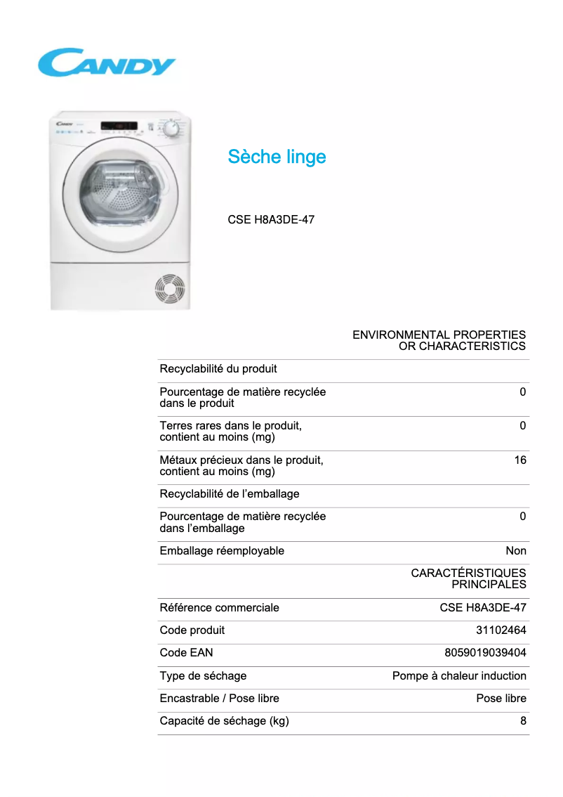 Page 1 of the manual Technical Sheet Candy CSE H8A3DE-47