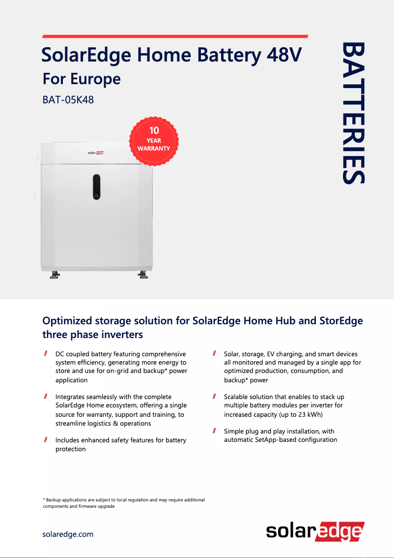 Page 1 de la notice Fiche technique SolarEdge BAT-05K48MOB-02
