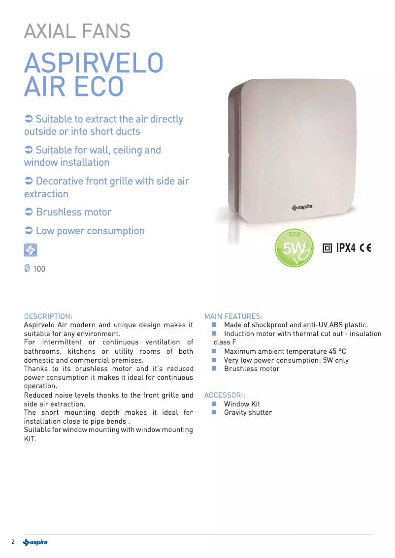 Página 1 del manual Ficha técnica Fantini Cosmi ASPIRVELO AIR ECO