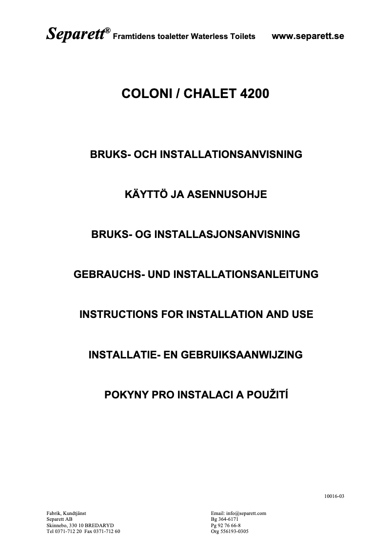 Page 1 de la notice Manuel utilisateur Separett Coloni 4200