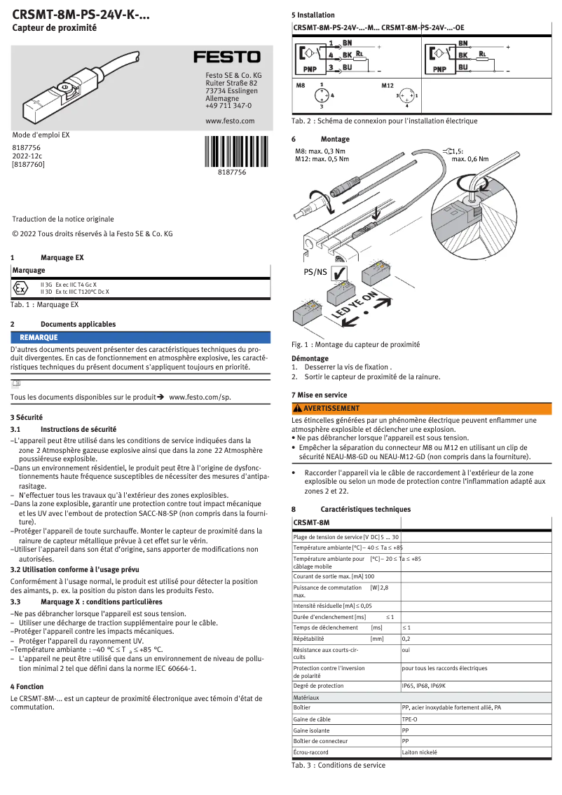 Page 1 de la notice Manuel utilisateur Festo CRSMT-8M-PS-24V-K-0,3-M8D-EX2