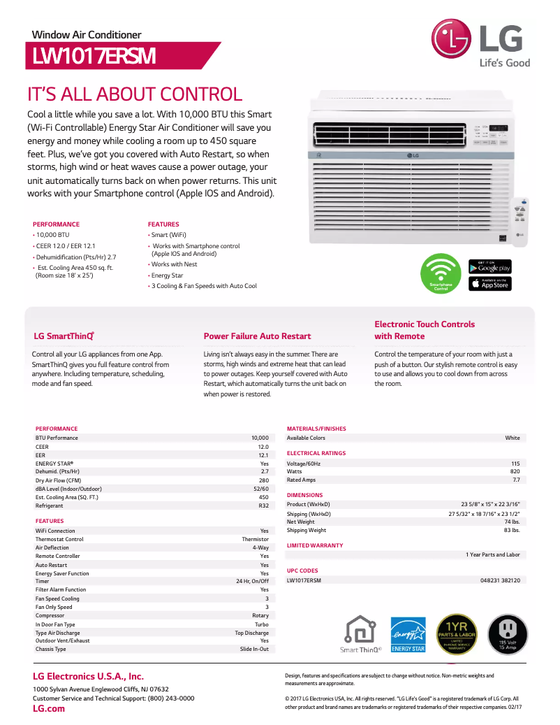 Page 1 de la notice Fiche technique LG LW1017ERSM
