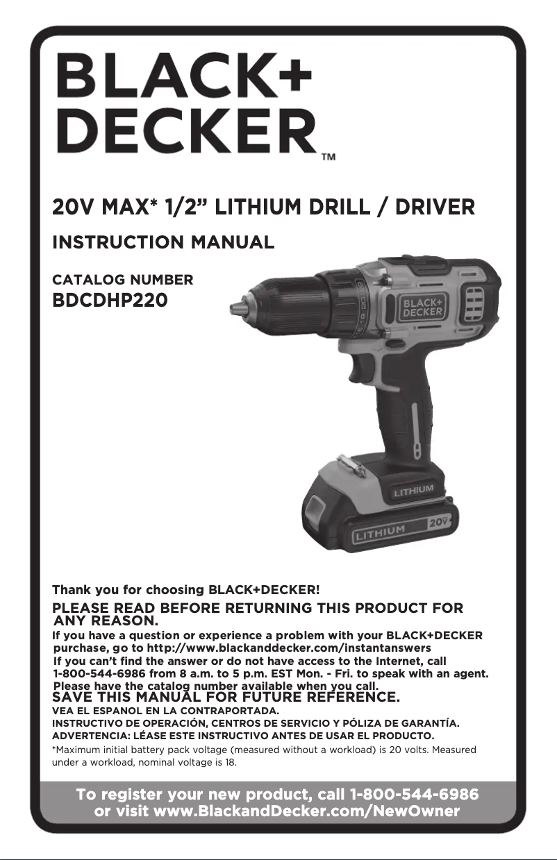 Page 1 de la notice Manuel utilisateur Black & Decker BDCDHP220