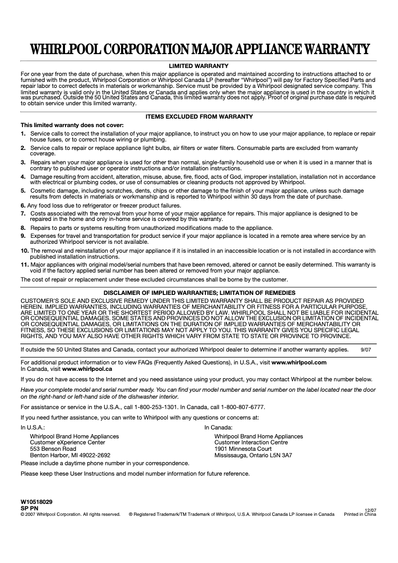 Página 1 del manual Manual de instrucciones Whirlpool WDF518SAF