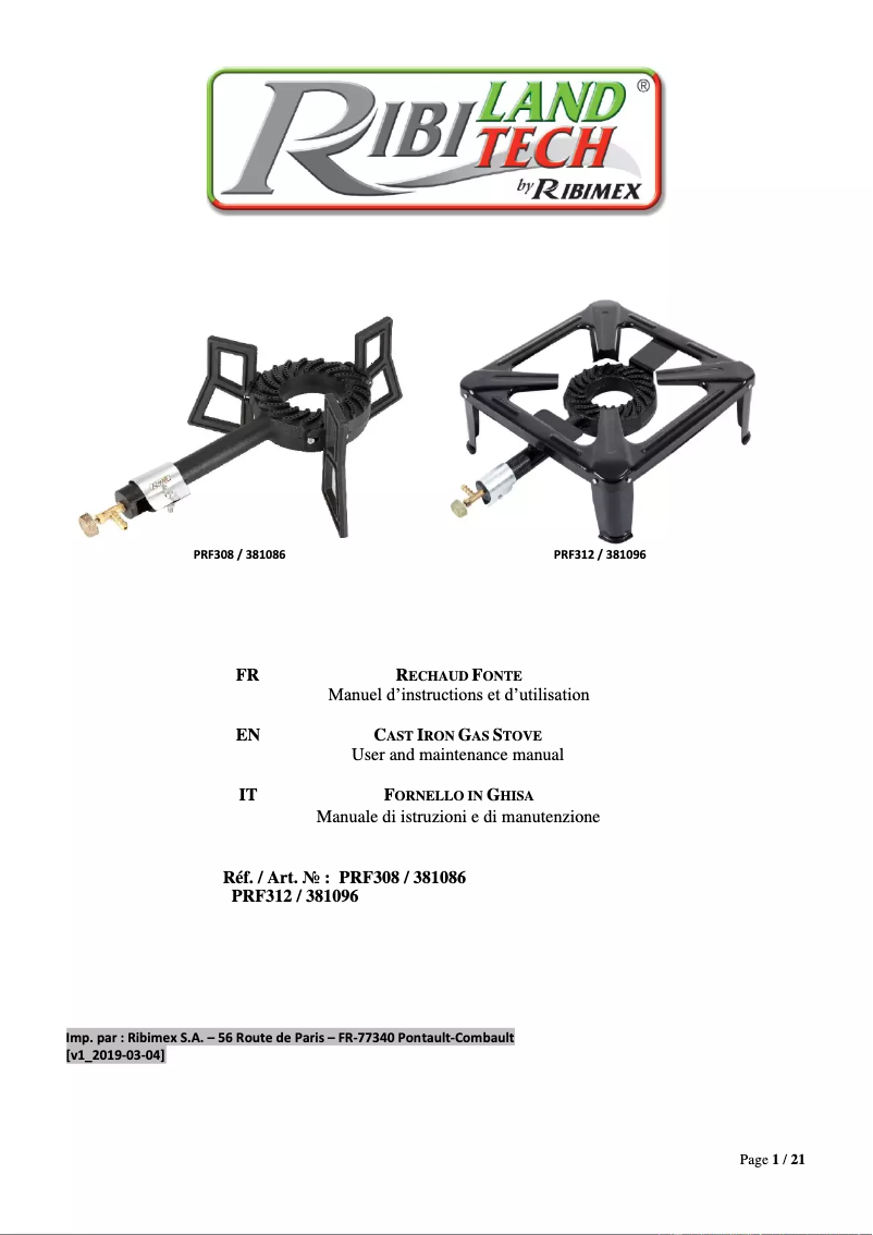 Page 1 de la notice Manuel utilisateur Ribimex PRF308