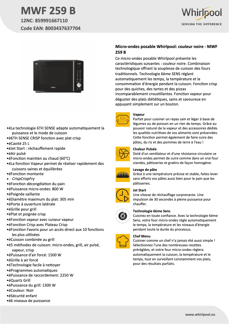 Página 1 del manual Ficha técnica Whirlpool MWF 259 B
