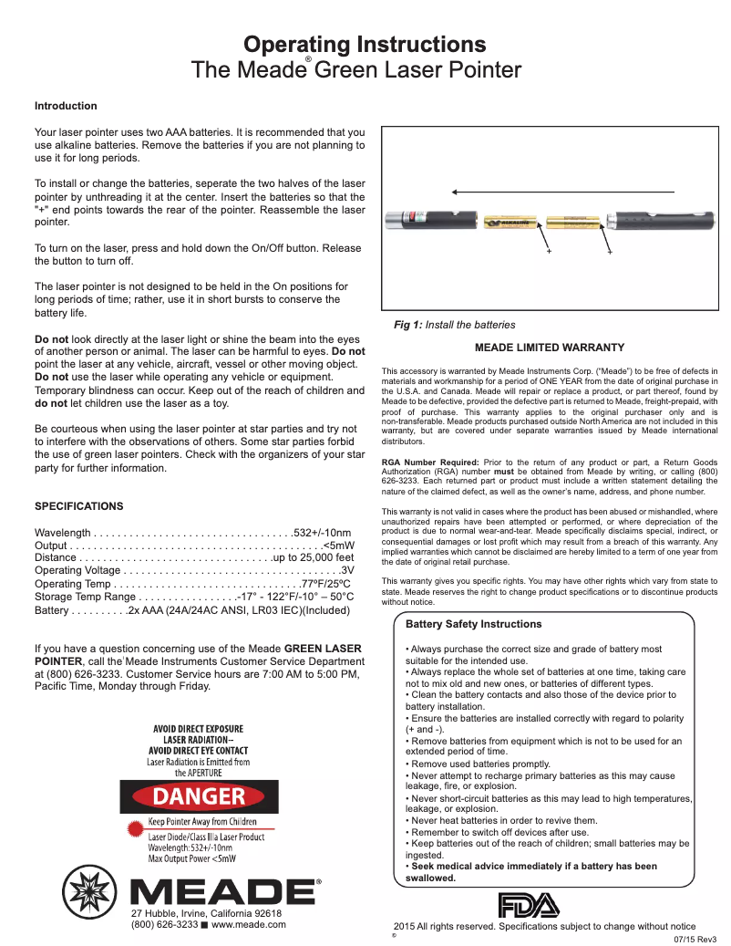 Page 1 de la notice Manuel utilisateur Meade Green Laser Pointer