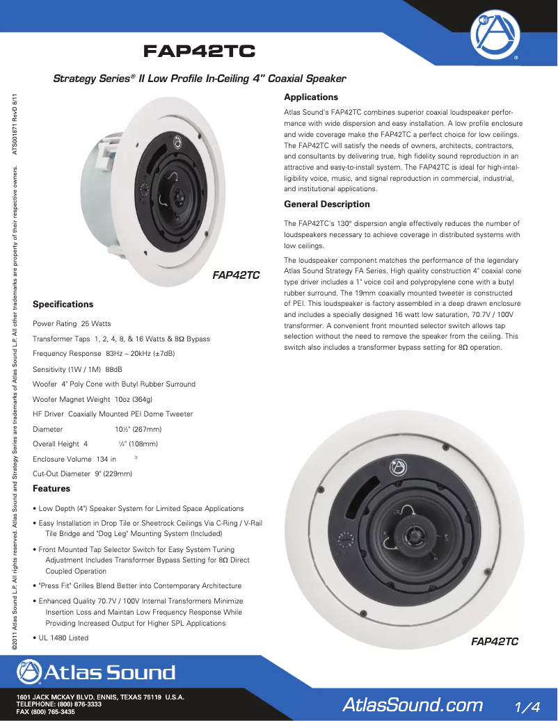 Page 1 de la notice Mode d'emploi Atlas Sound FAP42TC