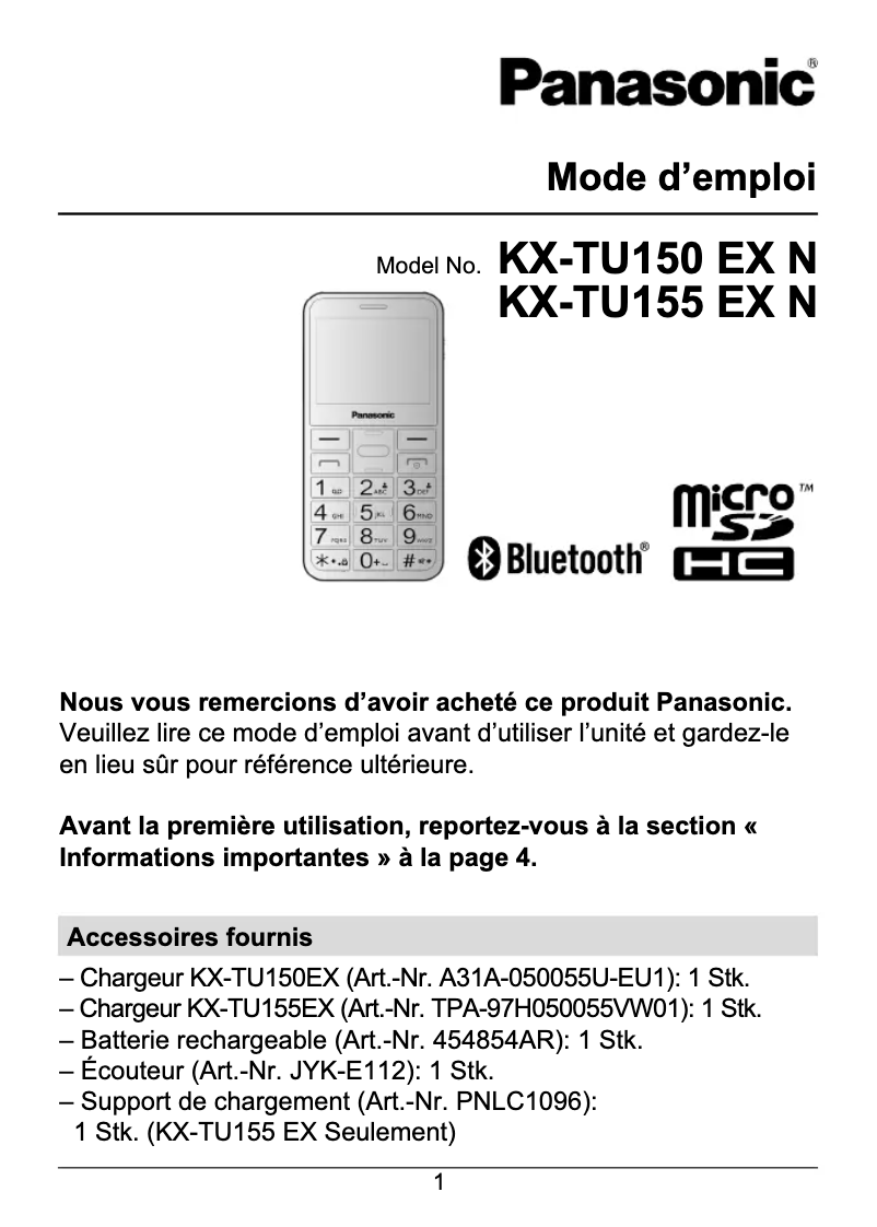 Página 1 del manual Manual de usuario Panasonic KX-TU155EXRN