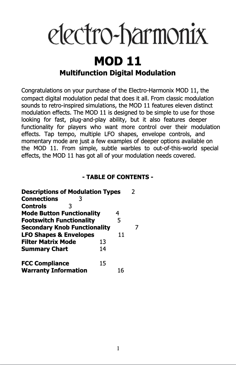 Page 1 of the manual User Manual Electro Harmonix Mod 11