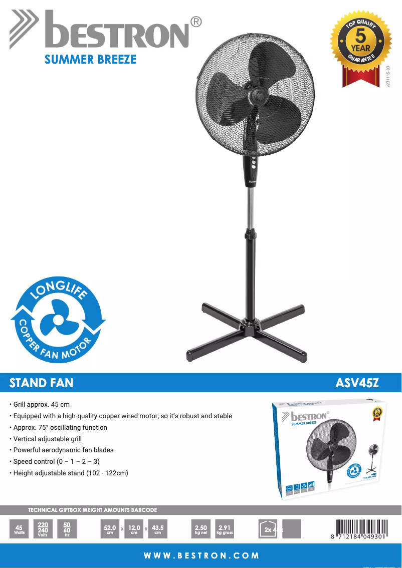 Page 1 of the manual Technical Sheet Bestron ASV45Z