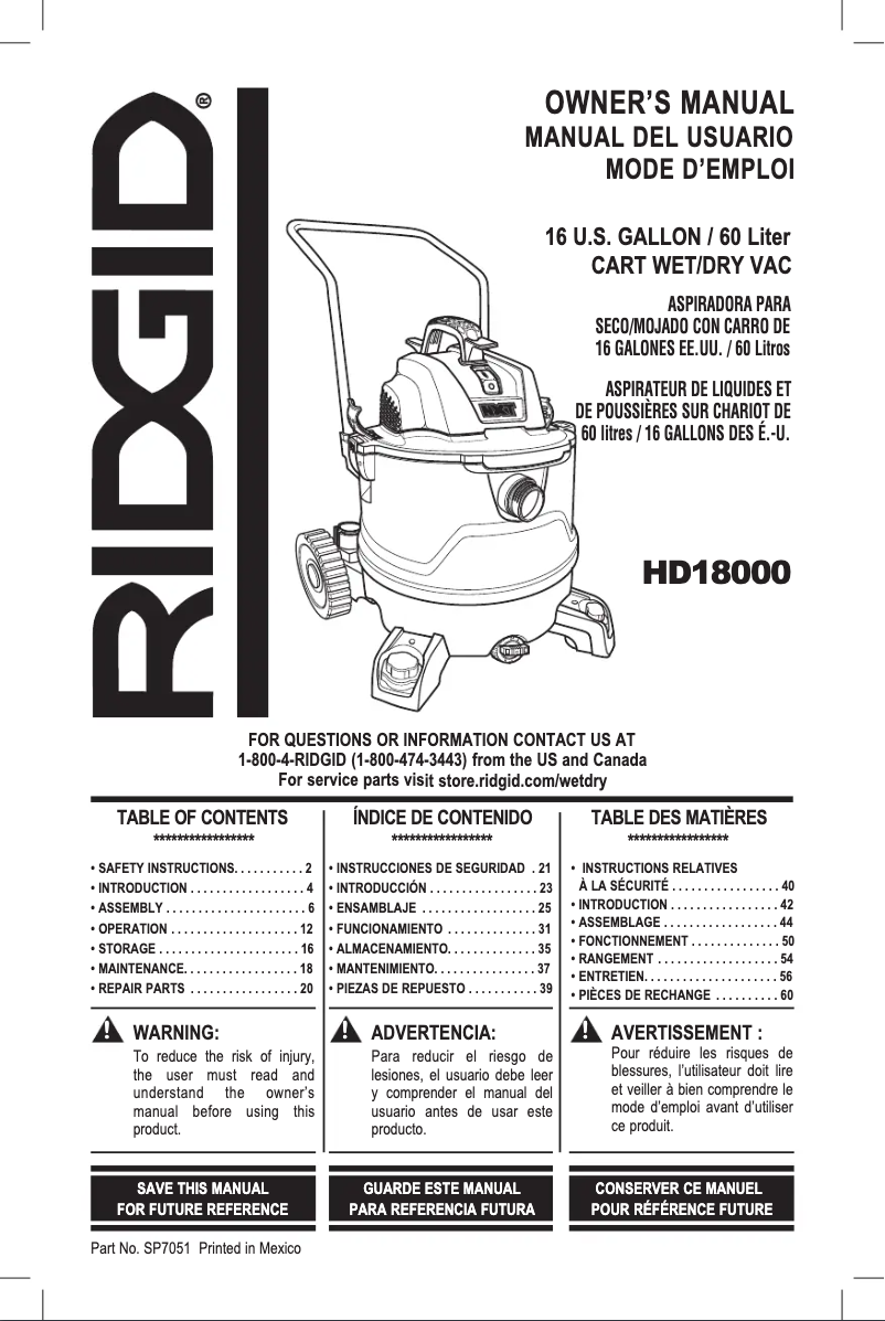 Page 1 de la notice Manuel utilisateur Ridgid HD18000